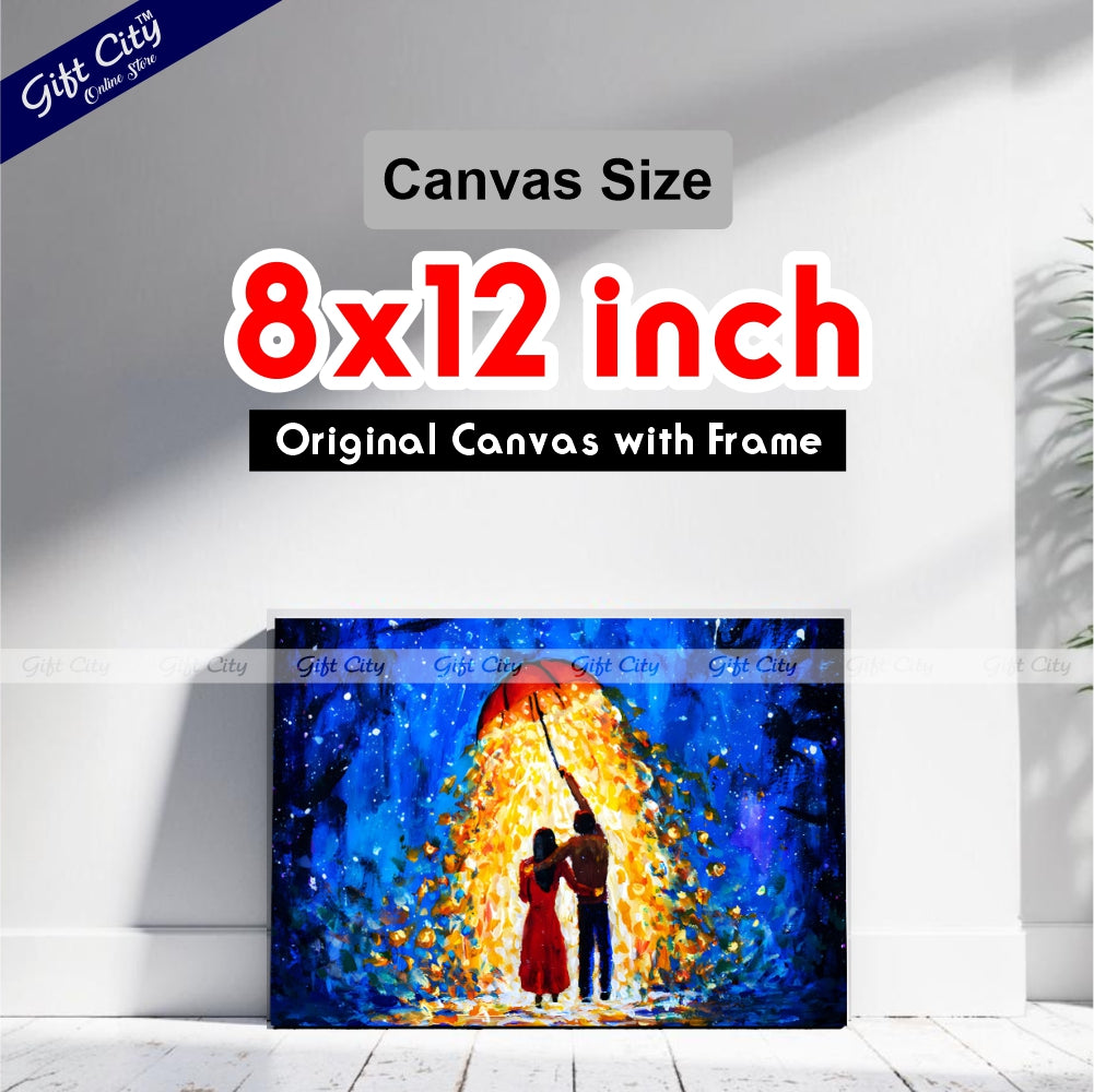 Gift City Presents Romantic Fantasy Art A Couple in Love Walks Under a Glowing Umbrella During a Starry Winter Night – UV Printed Oil Painting Canvas