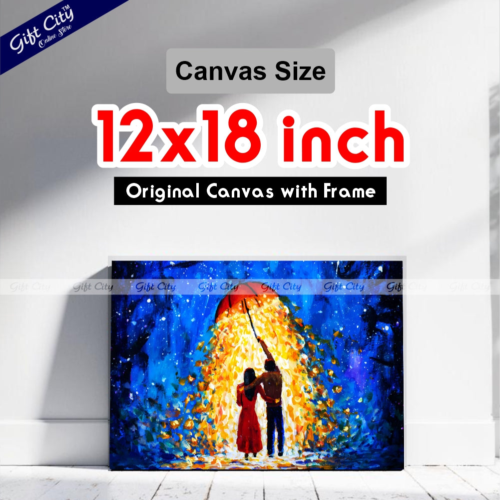 Gift City Presents Romantic Fantasy Art A Couple in Love Walks Under a Glowing Umbrella During a Starry Winter Night – UV Printed Oil Painting Canvas