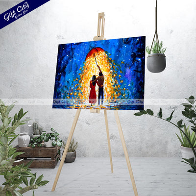 Gift City Presents Romantic Fantasy Art A Couple in Love Walks Under a Glowing Umbrella During a Starry Winter Night – UV Printed Oil Painting Canvas Wall Hanging - Gift City Online Store