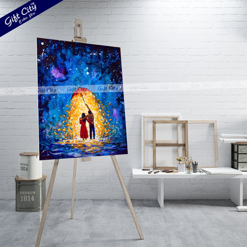 Gift City Presents Romantic Night Walk UV Printed Oil Painting on Canvas, Fantasy Couple in Love Under a Glowing Umbrella in a Starry Winter Night Wall Hanging