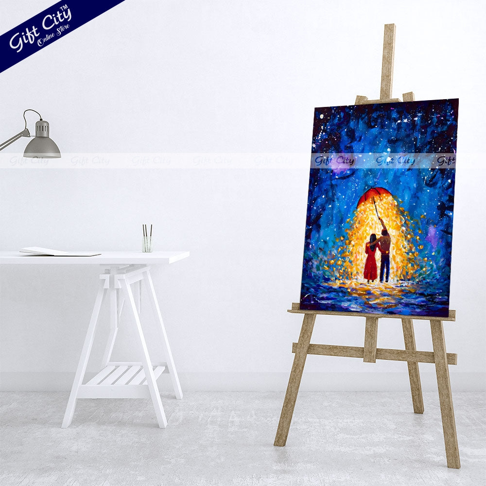 Gift City Presents Romantic Night Walk UV Printed Oil Painting on Canvas, Fantasy Couple in Love Under a Glowing Umbrella in a Starry Winter Night Wall Hanging