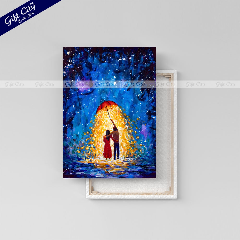 Gift City Presents Romantic Night Walk UV Printed Oil Painting on Canvas, Fantasy Couple in Love Under a Glowing Umbrella in a Starry Winter Night Wall Hanging