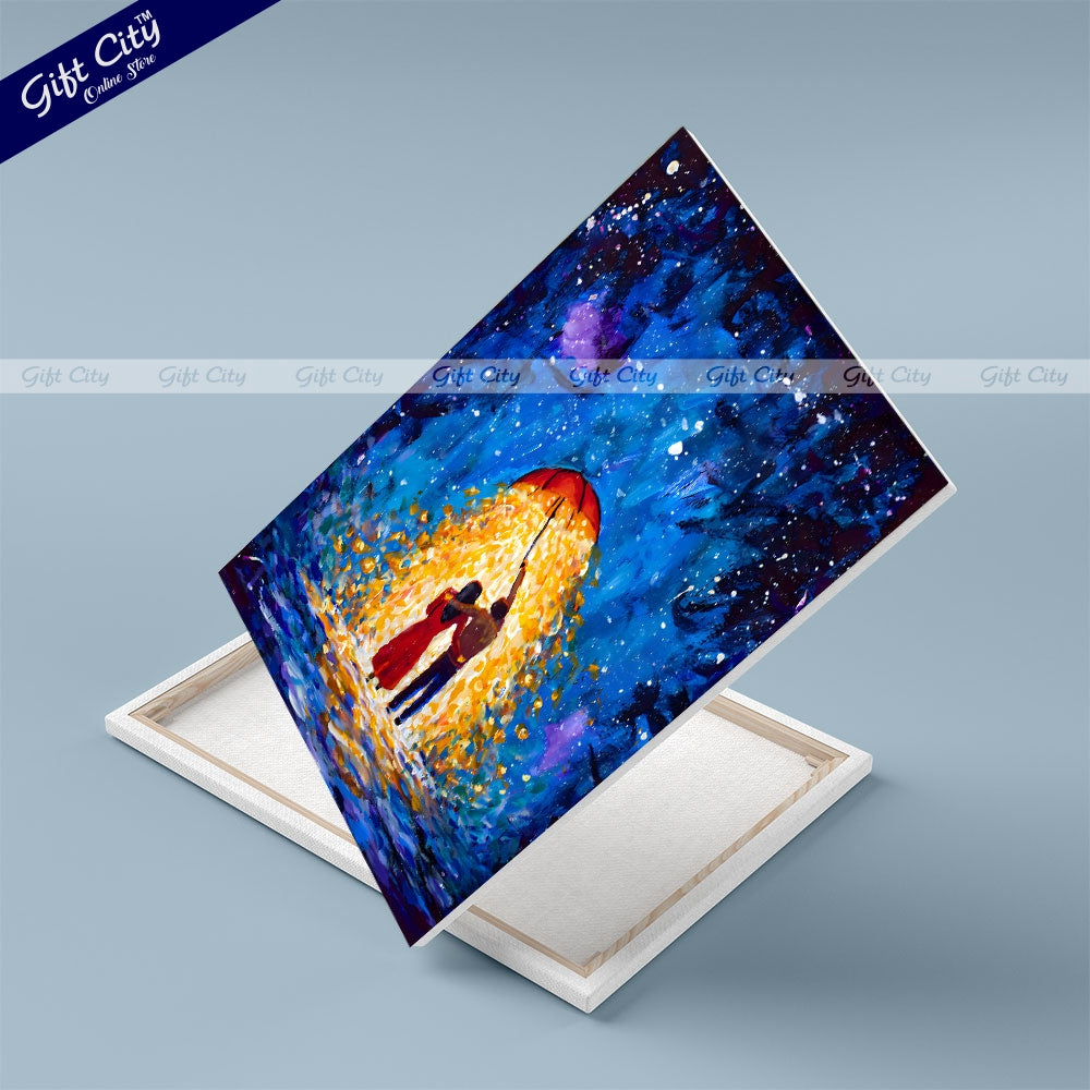 Gift City Presents Romantic Night Walk UV Printed Oil Painting on Canvas, Fantasy Couple in Love Under a Glowing Umbrella in a Starry Winter Night Wall Hanging
