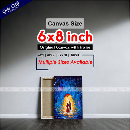 Gift City Presents Romantic Night Walk UV Printed Oil Painting on Canvas, Fantasy Couple in Love Under a Glowing Umbrella in a Starry Winter Night Wall Hanging