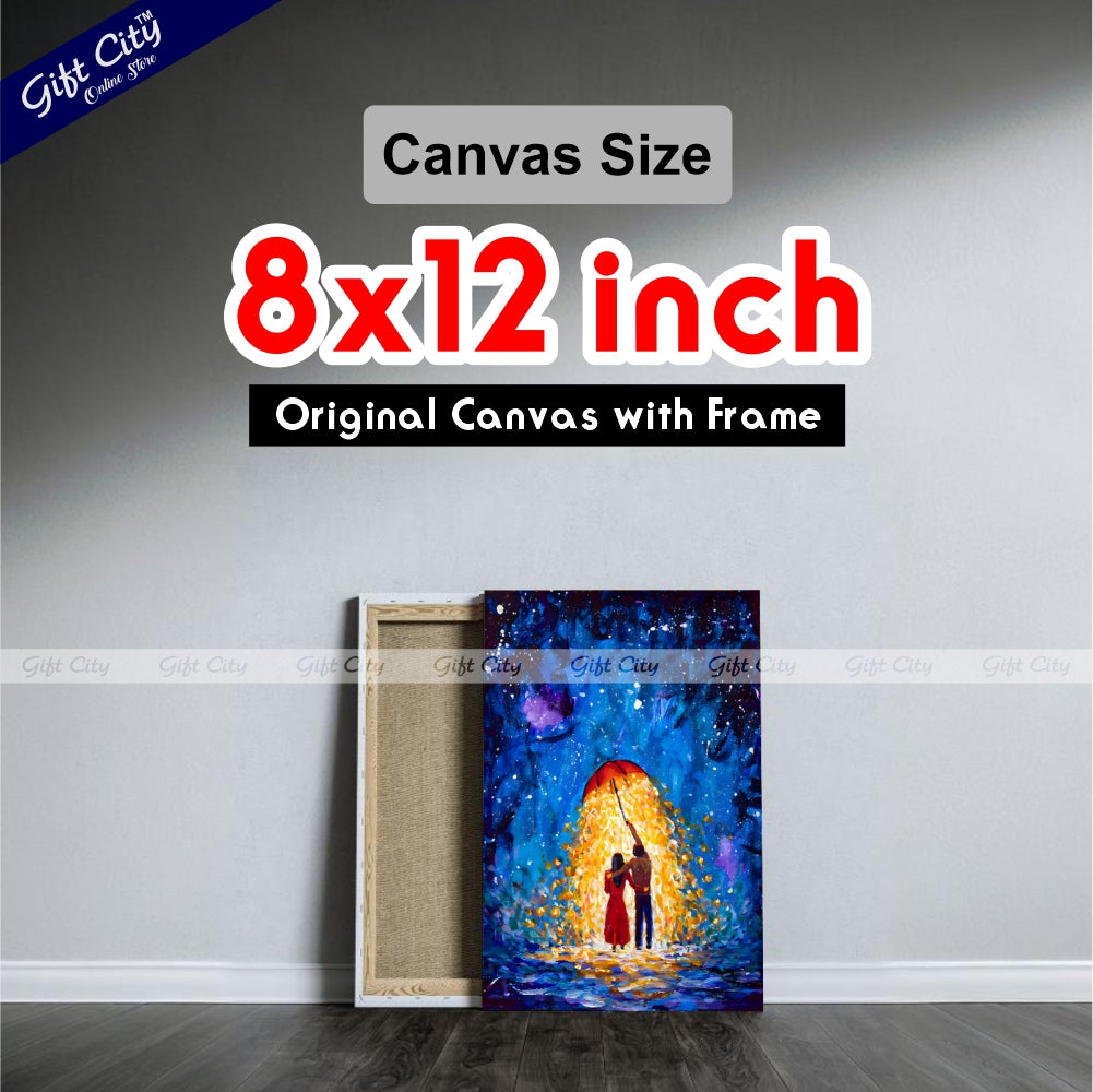 Gift City Presents Romantic Night Walk UV Printed Oil Painting on Canvas, Fantasy Couple in Love Under a Glowing Umbrella in a Starry Winter Night Wall Hanging