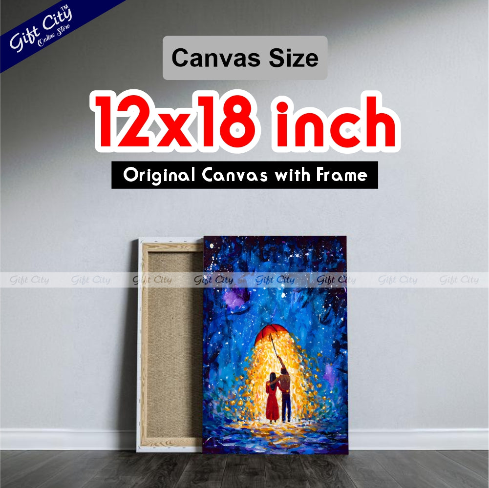Gift City Presents Romantic Night Walk UV Printed Oil Painting on Canvas, Fantasy Couple in Love Under a Glowing Umbrella in a Starry Winter Night Wall Hanging