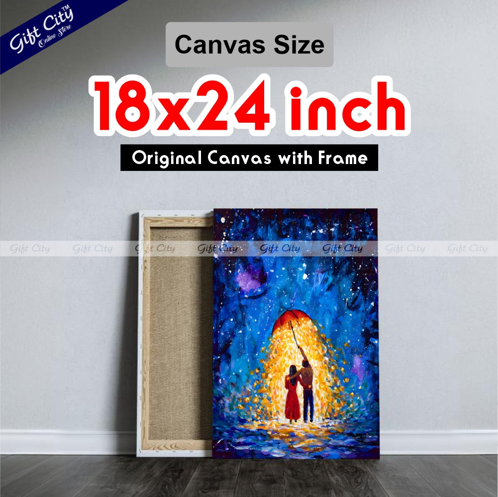 Gift City Presents Romantic Night Walk UV Printed Oil Painting on Canvas, Fantasy Couple in Love Under a Glowing Umbrella in a Starry Winter Night Wall Hanging