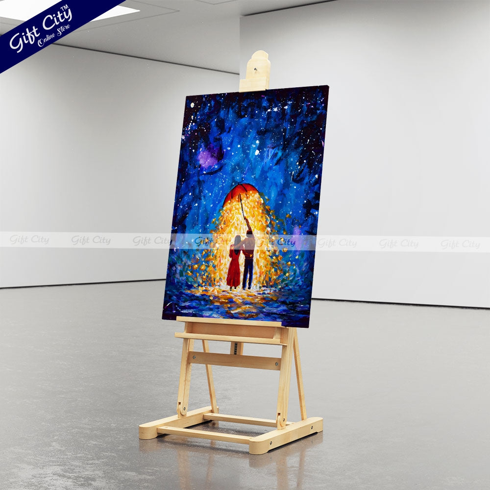 Gift City Presents Romantic Night Walk UV Printed Oil Painting on Canvas, Fantasy Couple in Love Under a Glowing Umbrella in a Starry Winter Night Wall Hanging