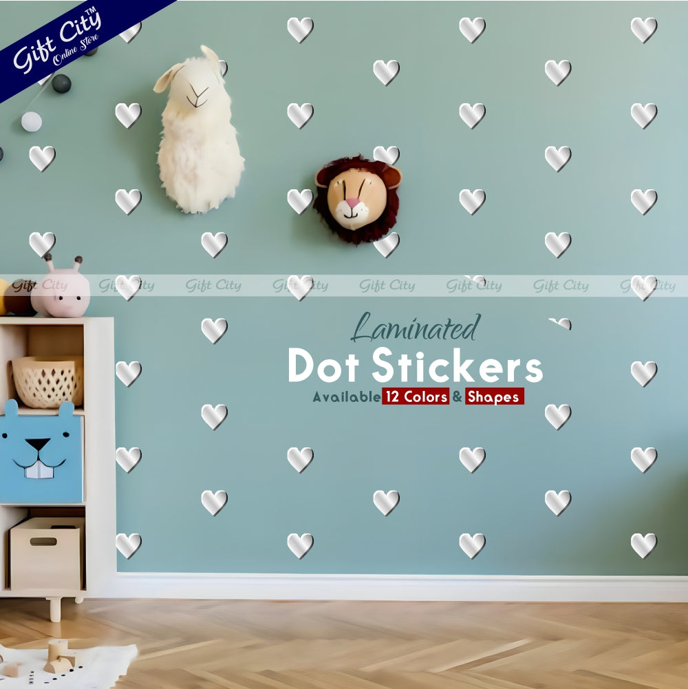 Gift City Presents Silver Foil Heart Shaped Dots Wall Decals  DIY Decor for Bedrooms & Living Rooms  Self-Adhesive  Various Colors