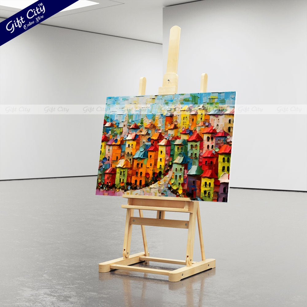 Gift City Presents UV-printed oil painting canvas captures a vibrant cityscape with bold textures and colorful impasto strokes, perfect for modern décor and urban art enthusiasts