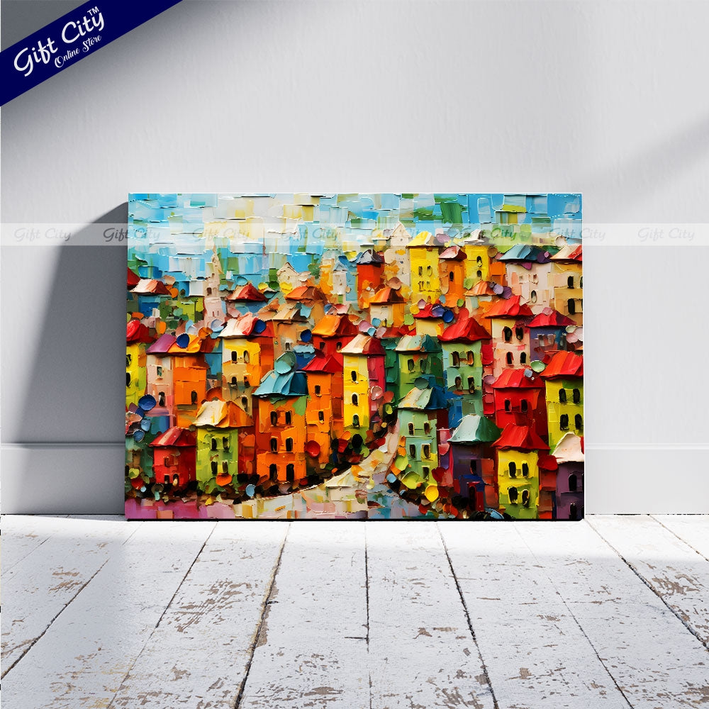 Gift City Presents UV-printed oil painting canvas captures a vibrant cityscape with bold textures and colorful impasto strokes, perfect for modern décor and urban art enthusiasts