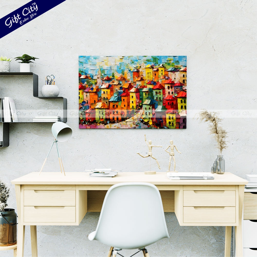 Gift City Presents UV-printed oil painting canvas captures a vibrant cityscape with bold textures and colorful impasto strokes, perfect for modern décor and urban art enthusiasts