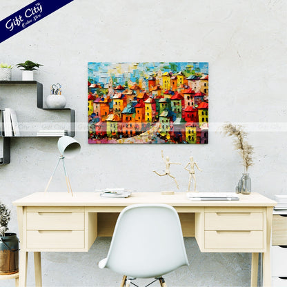 Gift City Presents UV-printed oil painting canvas captures a vibrant cityscape with bold textures and colorful impasto strokes, perfect for modern décor and urban art enthusiasts Wall Hanging