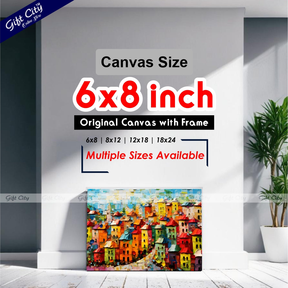 Gift City Presents UV-printed oil painting canvas captures a vibrant cityscape with bold textures and colorful impasto strokes, perfect for modern décor and urban art enthusiasts