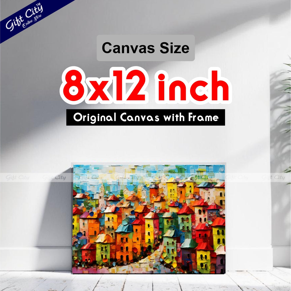 Gift City Presents UV-printed oil painting canvas captures a vibrant cityscape with bold textures and colorful impasto strokes, perfect for modern décor and urban art enthusiasts