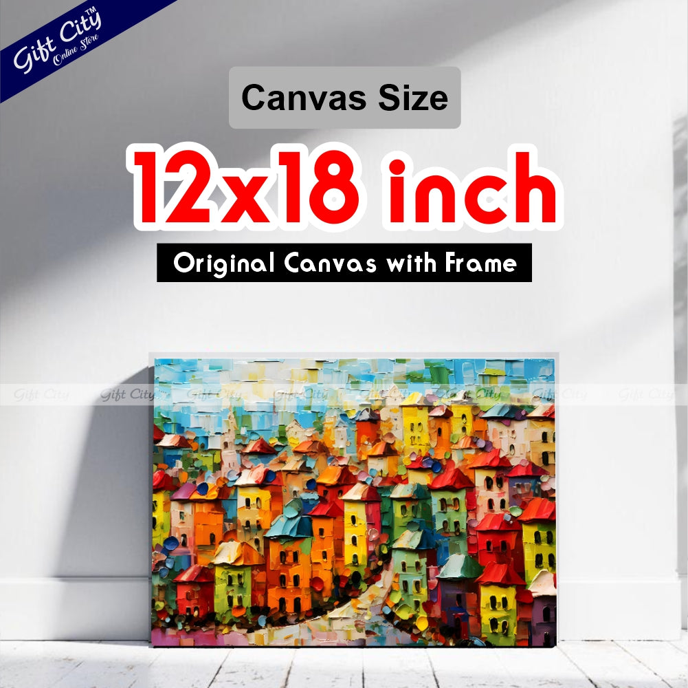 Gift City Presents UV-printed oil painting canvas captures a vibrant cityscape with bold textures and colorful impasto strokes, perfect for modern décor and urban art enthusiasts