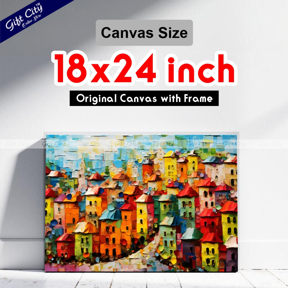 Gift City Presents UV-printed oil painting canvas captures a vibrant cityscape with bold textures and colorful impasto strokes, perfect for modern décor and urban art enthusiasts