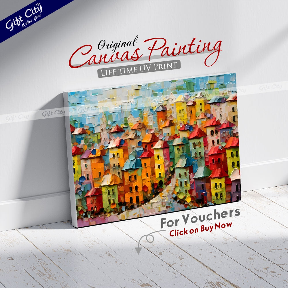 Gift City Presents UV-printed oil painting canvas captures a vibrant cityscape with bold textures and colorful impasto strokes, perfect for modern décor and urban art enthusiasts Wall Hanging - Gift City Online Store