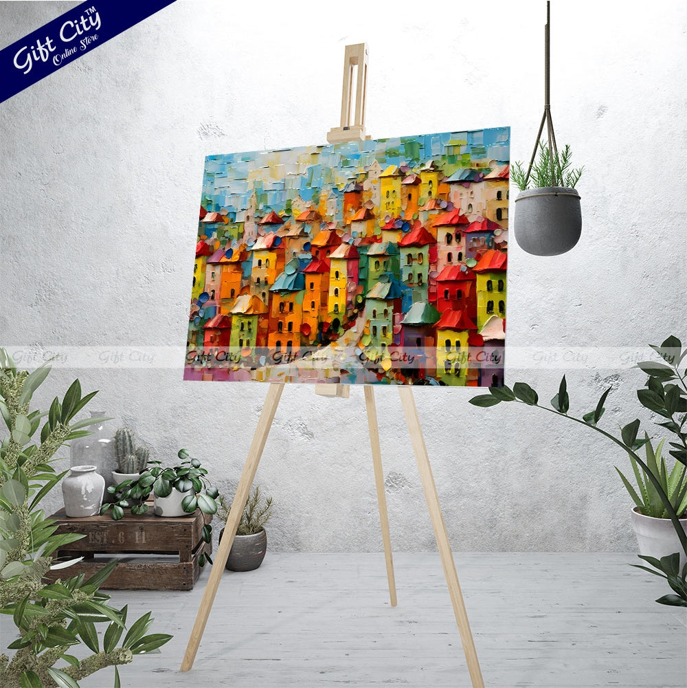 Gift City Presents UV-printed oil painting canvas captures a vibrant cityscape with bold textures and colorful impasto strokes, perfect for modern décor and urban art enthusiasts