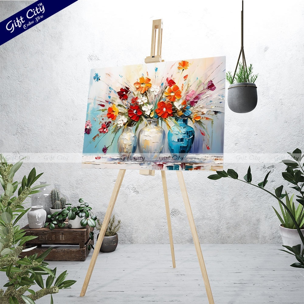 Gift City Presents UV Printed Oil Painting Canvas featuring a chunky flower painting in a vase, perfect for adding a vibrant touch to corporate offices, hotels, or any home decor