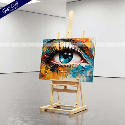 Gift City Presents UV Printed Oil Painting Canvas featuring a vibrant abstract close-up of a woman's eye in multicolored tones is perfect for modern home décor or creative interior spaces