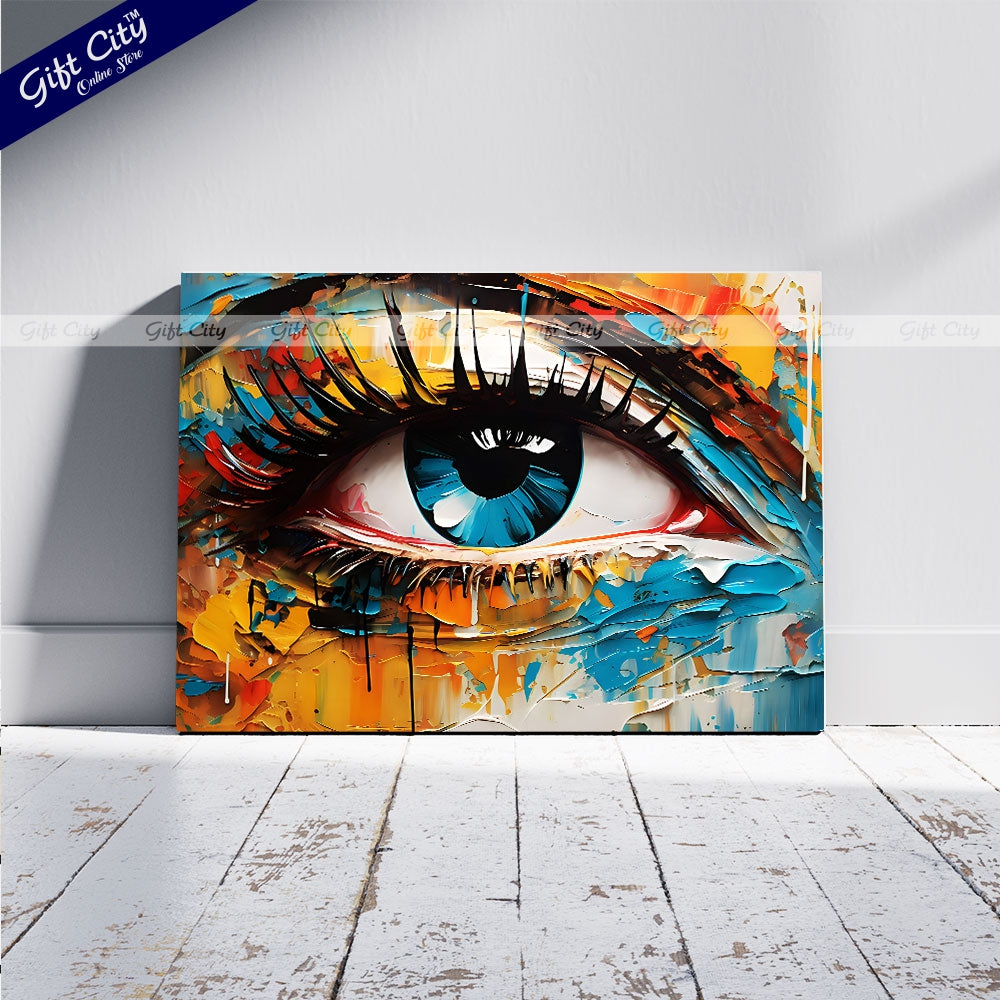 Gift City Presents UV Printed Oil Painting Canvas featuring a vibrant abstract close-up of a woman's eye in multicolored tones is perfect for modern home décor or creative interior spaces