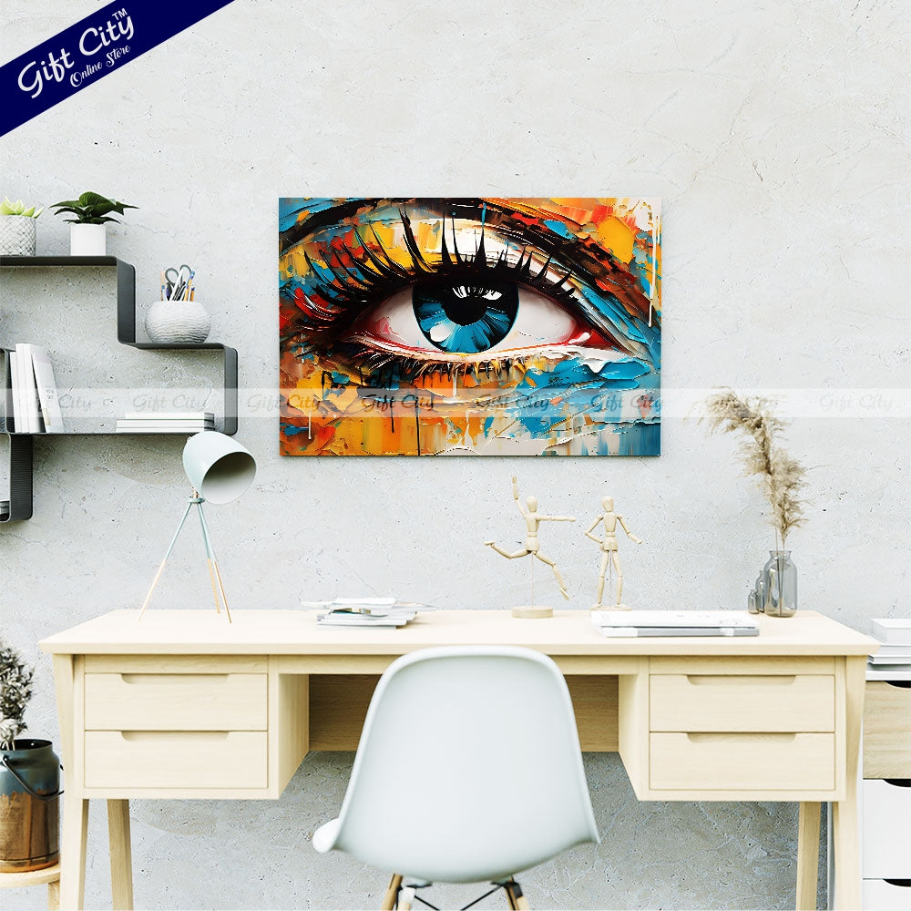 Gift City Presents UV Printed Oil Painting Canvas featuring a vibrant abstract close-up of a woman's eye in multicolored tones is perfect for modern home décor or creative interior spaces