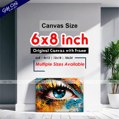 Gift City Presents UV Printed Oil Painting Canvas featuring a vibrant abstract close-up of a woman's eye in multicolored tones is perfect for modern home décor or creative interior spaces