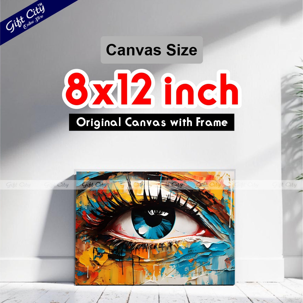 Gift City Presents UV Printed Oil Painting Canvas featuring a vibrant abstract close-up of a woman's eye in multicolored tones is perfect for modern home décor or creative interior spaces