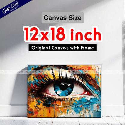 Gift City Presents UV Printed Oil Painting Canvas featuring a vibrant abstract close-up of a woman's eye in multicolored tones is perfect for modern home décor or creative interior spaces