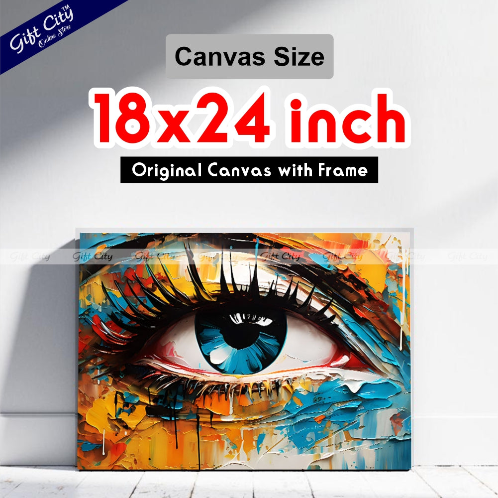 Gift City Presents UV Printed Oil Painting Canvas featuring a vibrant abstract close-up of a woman's eye in multicolored tones is perfect for modern home décor or creative interior spaces