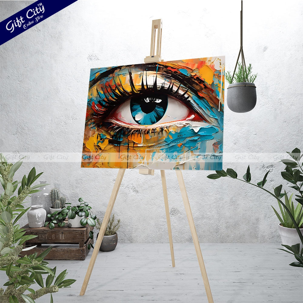 Gift City Presents UV Printed Oil Painting Canvas featuring a vibrant abstract close-up of a woman's eye in multicolored tones is perfect for modern home décor or creative interior spaces