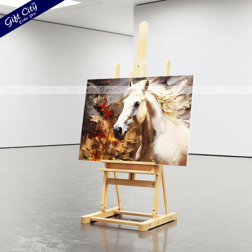 Gift City Presents UV Printed Oil Painting Canvas of a Beautiful White Horse with Smooth Skin and Fur, Featuring Abstract Gray Artistic Wall Art