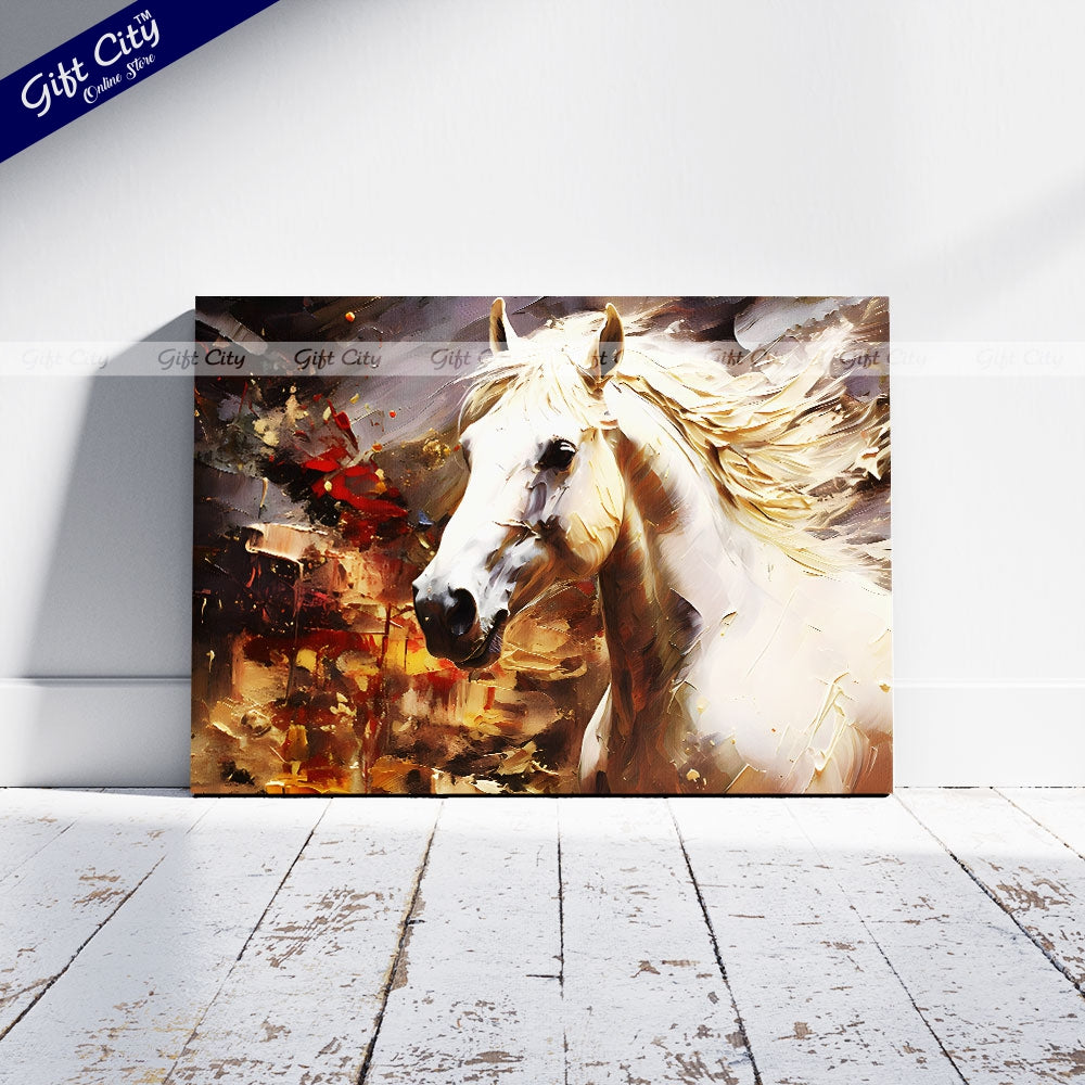 Gift City Presents UV Printed Oil Painting Canvas of a Beautiful White Horse with Smooth Skin and Fur, Featuring Abstract Gray Artistic Wall Art