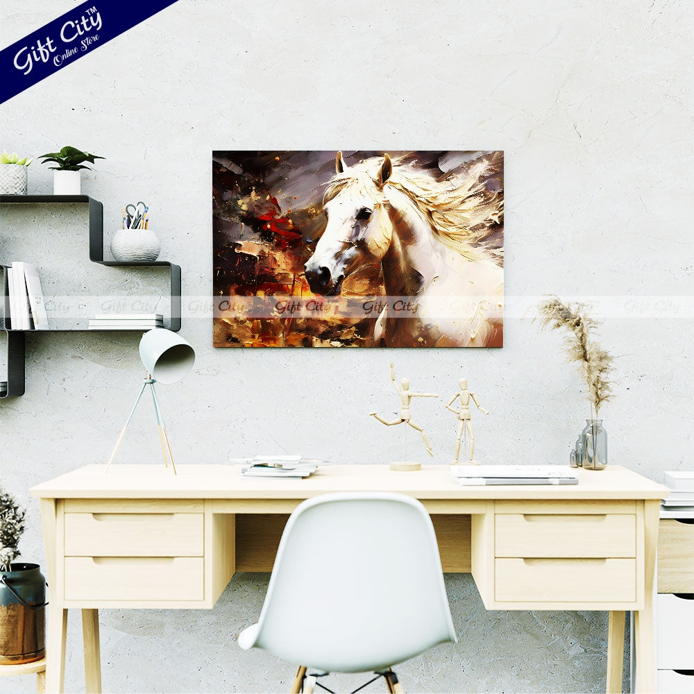 Gift City Presents UV Printed Oil Painting Canvas of a Beautiful White Horse with Smooth Skin and Fur, Featuring Abstract Gray Artistic Wall Art