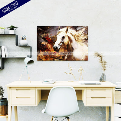 Gift City Presents UV Printed Oil Painting Canvas of a Beautiful White Horse with Smooth Skin and Fur, Featuring Abstract Gray Artistic Wall Art Wall Hanging - Gift City Online Store