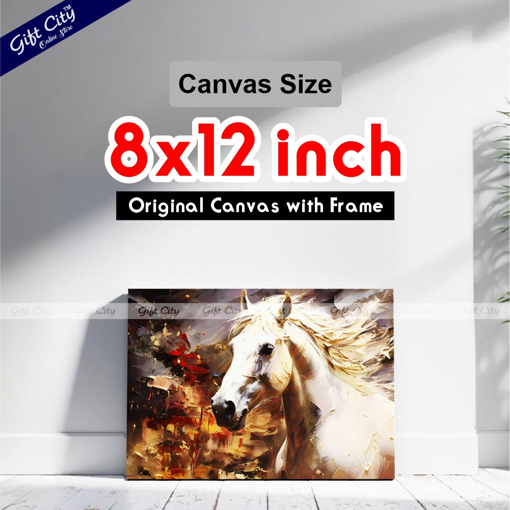 Gift City Presents UV Printed Oil Painting Canvas of a Beautiful White Horse with Smooth Skin and Fur, Featuring Abstract Gray Artistic Wall Art