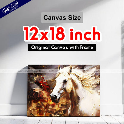 Gift City Presents UV Printed Oil Painting Canvas of a Beautiful White Horse with Smooth Skin and Fur, Featuring Abstract Gray Artistic Wall Art