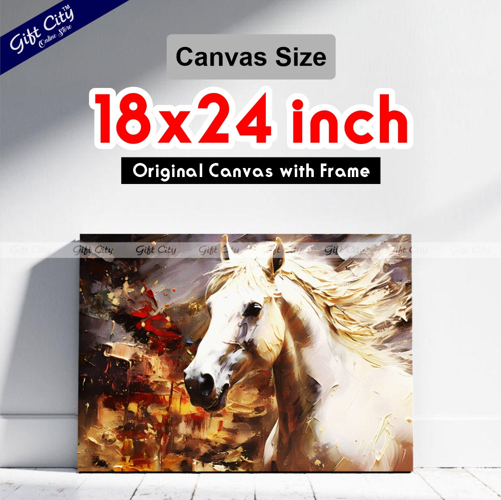 Gift City Presents UV Printed Oil Painting Canvas of a Beautiful White Horse with Smooth Skin and Fur, Featuring Abstract Gray Artistic Wall Art