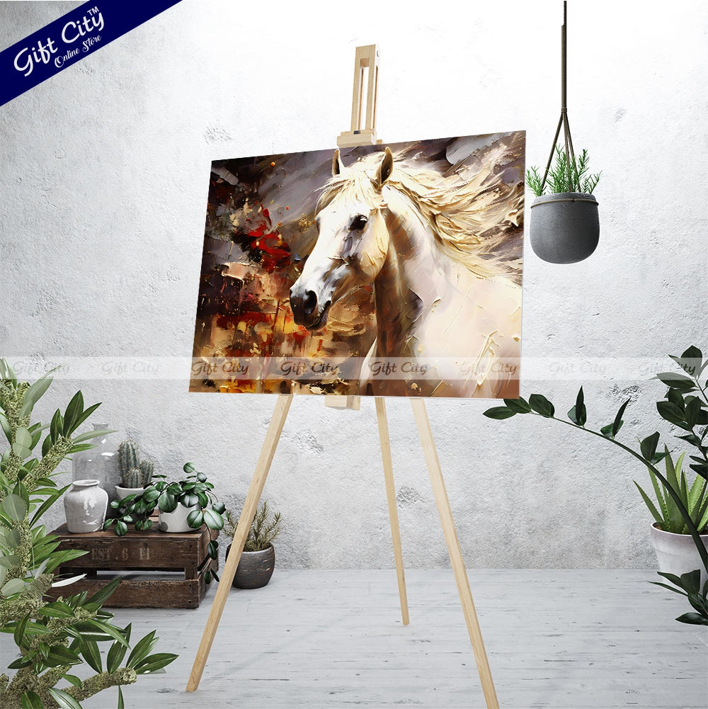 Gift City Presents UV Printed Oil Painting Canvas of a Beautiful White Horse with Smooth Skin and Fur, Featuring Abstract Gray Artistic Wall Art