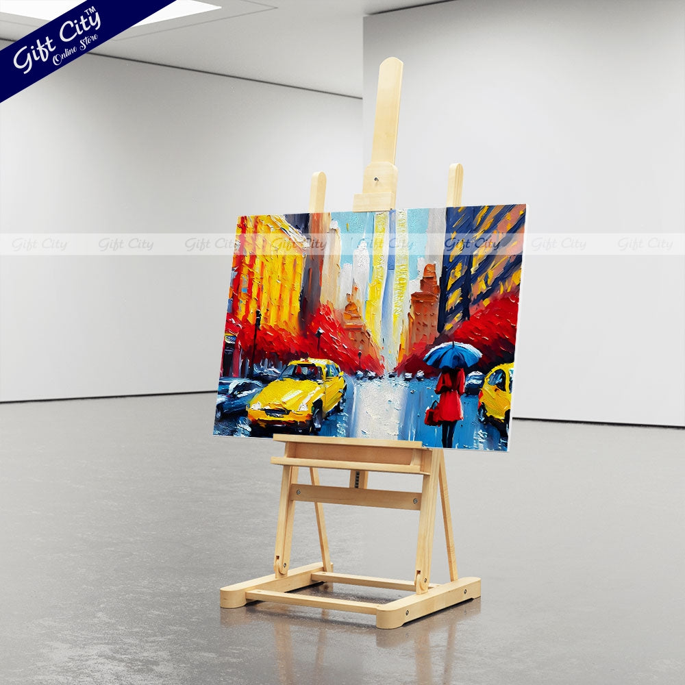 Gift City Presents UV Printed Oil Painting on Canvas, Modern Artwork of a New York Street View with a Woman Under a Red Umbrella and Yellow Taxis, Perfect for Home Decor, Offices, and Art Galleries