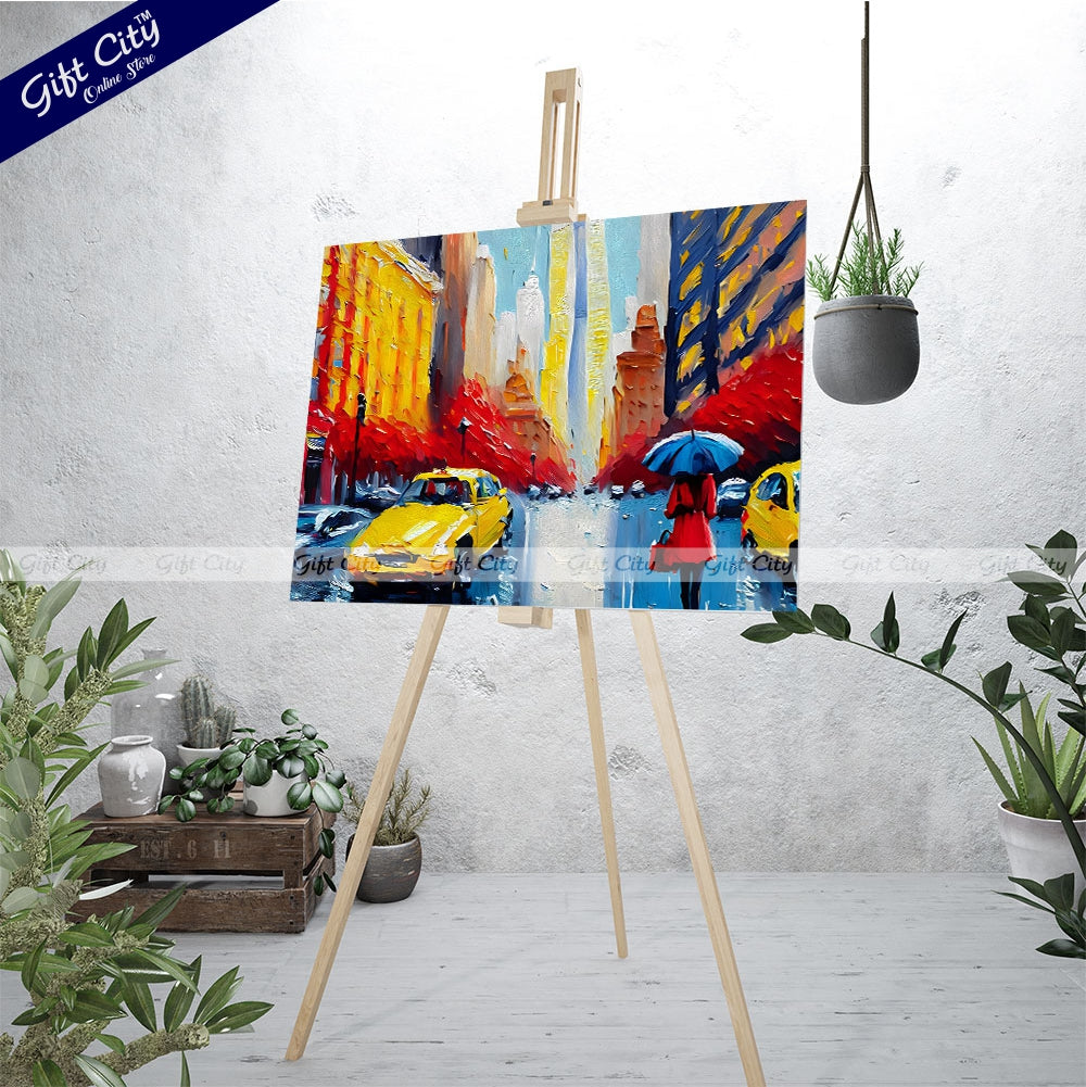 Gift City Presents UV Printed Oil Painting on Canvas, Modern Artwork of a New York Street View with a Woman Under a Red Umbrella and Yellow Taxis, Perfect for Home Decor, Offices, and Art Galleries