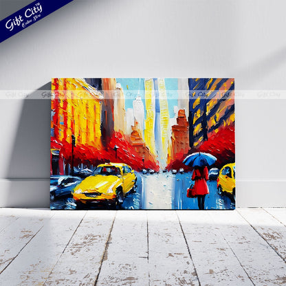 Gift City Presents UV Printed Oil Painting on Canvas, Modern Artwork of a New York Street View with a Woman Under a Red Umbrella and Yellow Taxis, Perfect for Home Decor, Offices, and Art Galleries