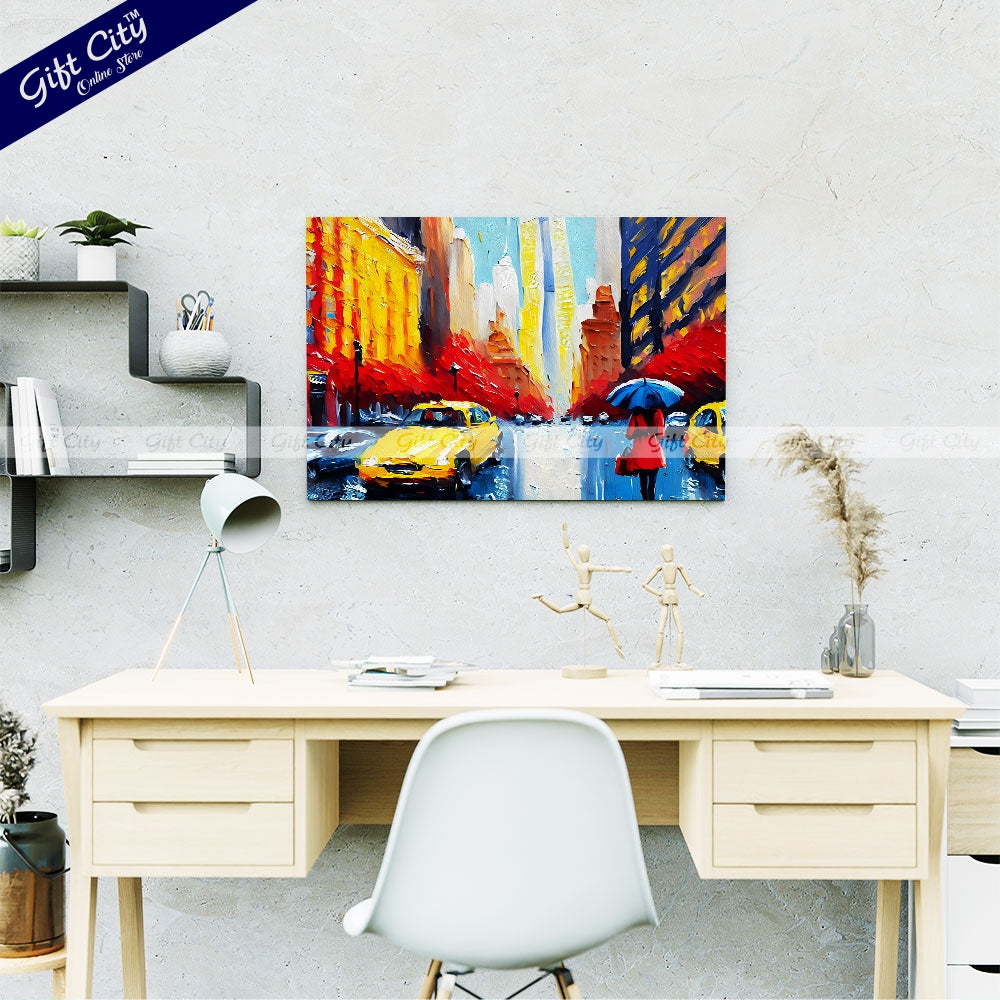 Gift City Presents UV Printed Oil Painting on Canvas, Modern Artwork of a New York Street View with a Woman Under a Red Umbrella and Yellow Taxis, Perfect for Home Decor, Offices, and Art Galleries