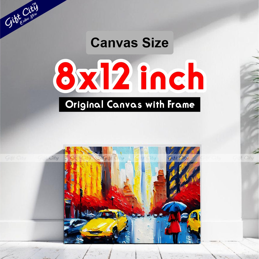 Gift City Presents UV Printed Oil Painting on Canvas, Modern Artwork of a New York Street View with a Woman Under a Red Umbrella and Yellow Taxis, Perfect for Home Decor, Offices, and Art Galleries