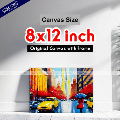 Gift City Presents UV Printed Oil Painting on Canvas, Modern Artwork of a New York Street View with a Woman Under a Red Umbrella and Yellow Taxis, Perfect for Home Decor, Offices, and Art Galleries