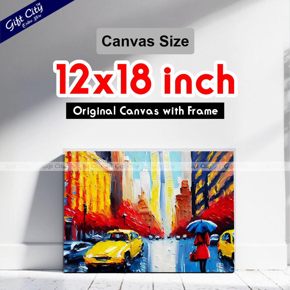 Gift City Presents UV Printed Oil Painting on Canvas, Modern Artwork of a New York Street View with a Woman Under a Red Umbrella and Yellow Taxis, Perfect for Home Decor, Offices, and Art Galleries