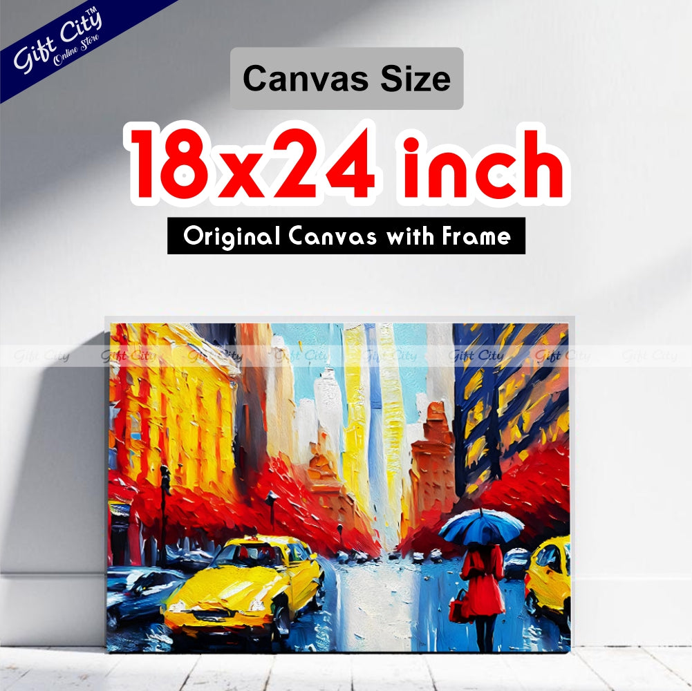 Gift City Presents UV Printed Oil Painting on Canvas, Modern Artwork of a New York Street View with a Woman Under a Red Umbrella and Yellow Taxis, Perfect for Home Decor, Offices, and Art Galleries