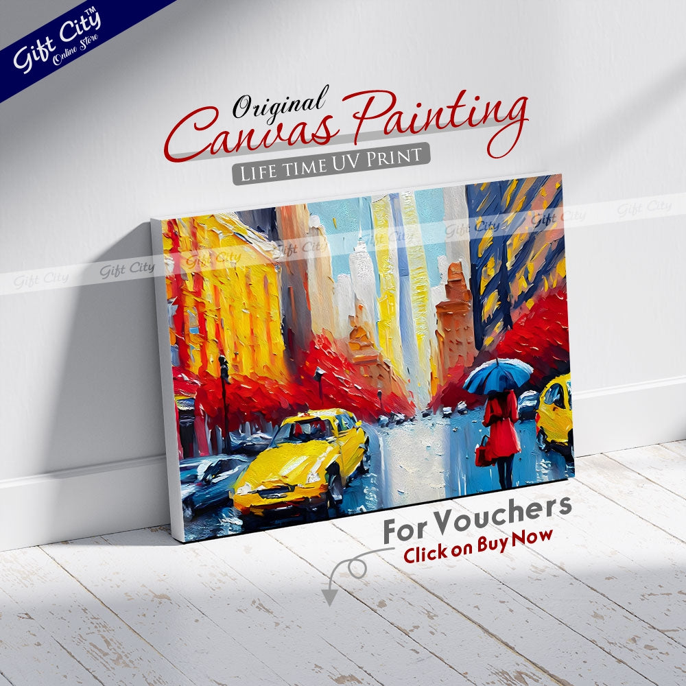 Gift City Presents UV Printed Oil Painting on Canvas, Modern Artwork of a New York Street View with a Woman Under a Red Umbrella and Yellow Taxis, Perfect for Home Decor, Offices, and Art Galleries