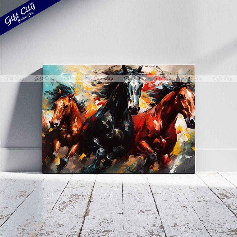 Gift City Presents UV printed oil painting canvas captures the energy of galloping horses with vibrant colors and dynamic brushstrokes, perfect for modern decor